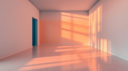 Obraz premium Sunset-gradient room with walls blending vibrant orange to deep crimson, sleek black flooring, and subtle metallic decor for a bold and dramatic luxury interior backdrop.