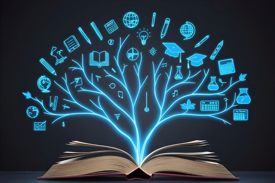 Symbolizing knowledge expansion. Open book with pages turning into tree branches with educational icons. Perfect for International Day of Education, emphasizing global learning and educational growth