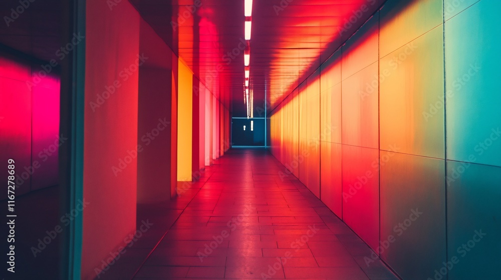 Poster lit tunnel with vibrant colorful glow.