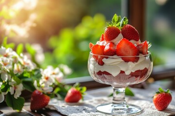 Delicious Strawberry Dessert in a Glass Bowl, Summer Treat