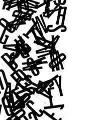 Layout With Copy Space And Border Made of Black Letters Scattered On A White Background. Black Letters Arranged Carelessly on a Backlit White Background. Abstract Black and White Layout.