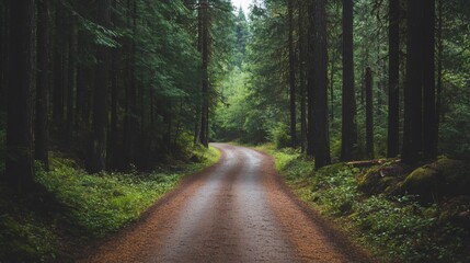 Fototapeta premium Forest road winding through dense woods.