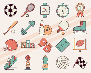 Vector icons related to sports including balls equipment and player symbols