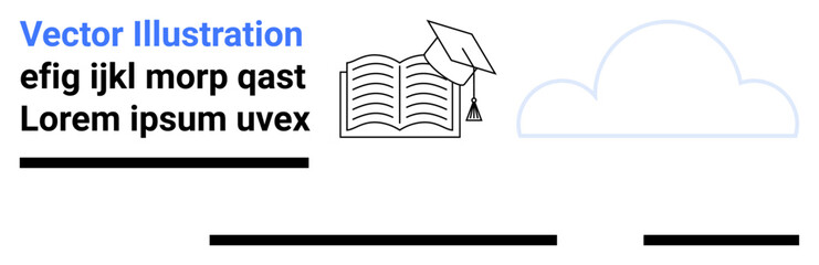 Open book with a graduation cap, flowing text, and a cloud shape. Ideal for education, online courses, e-learning platforms, academic presentations, tutoring, educational blogs, student resources
