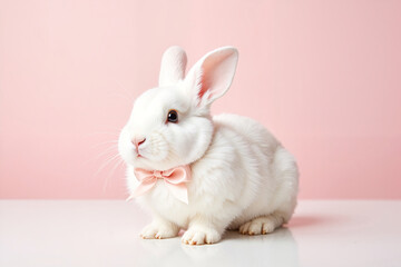 Obraz premium Elegant bunny with silk ribbon sitting on reflective surface, cuteness. Greeting card or holiday poster for Happy Easter promotion