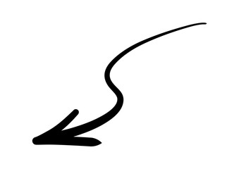 手書きのカーブした矢印 下向き 下降 左向き