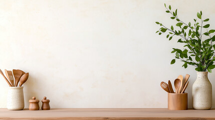 serene kitchen scene featuring wooden utensils, ceramic containers, and leafy plant against beige background. This composition evokes warm and inviting atmosphere