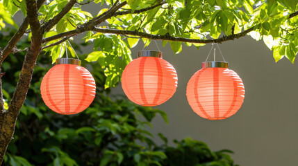 Obraz premium serene photo of red lanterns hanging on tree branches, creating peaceful atmosphere. , Lunar New Year