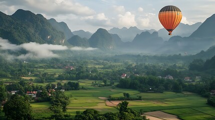 Naklejka premium Hot Air Balloon Soaring Over Lush Green Valley and Mountains