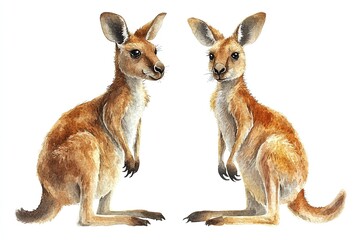 Fototapeta premium Two illustrated kangaroos in a natural pose, showcasing their features and fur texture.