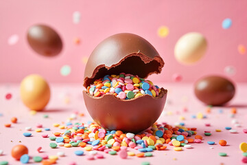 Obraz premium Colorful chocolate egg bursting with confetti, playful celebration. Greeting card or holiday poster for Happy Easter promotion