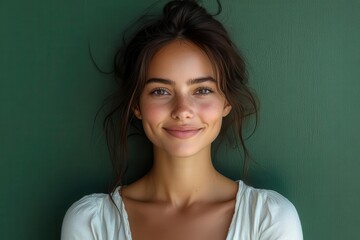 Fototapeta premium confident businesswoman smiling with dark hair and a crisp shirt stands against a vivid green backdrop exuding professionalism and charisma perfectly suited for an employee profile photo