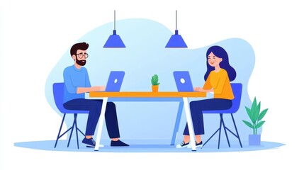 Collaborative Workspace with Two Young Professionals Engaged in Remote Work at a Bright and Modern Table Surrounded by Plants and Stylish Decor