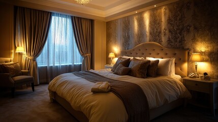 A stylish bedroom featuring soft ambient lighting and elegant interior design.