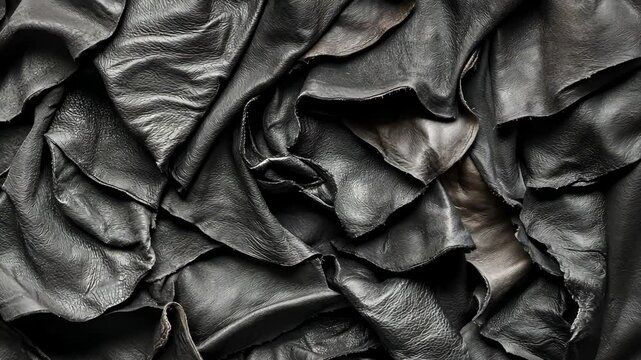 Textured black leather pieces arranged closely together, showcasing wrinkles and creases in a rich, dark surface