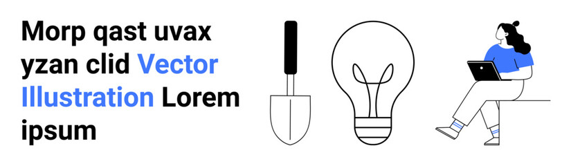 Text elements alongside icons of a shovel, lightbulb, and a seated woman holding a tablet. Ideal for technology, creativity, education, innovation, digital learning, modern workspaces, visual