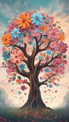Obraz premium A vibrant, fantastical tree with colorful flowers in a mystical landscape.