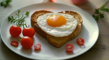 Fototapeta premium Heart-shaped fried egg on toast with cherry tomatoes