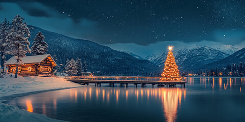 Fototapeta premium A winter cabin with a glowing Christmas tree beside a frozen lake, surrounded by snow-covered mountains.