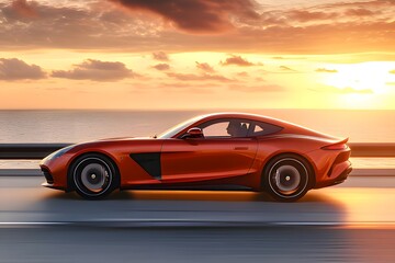 A sleek sports car cruising along a coastal road at sunset.