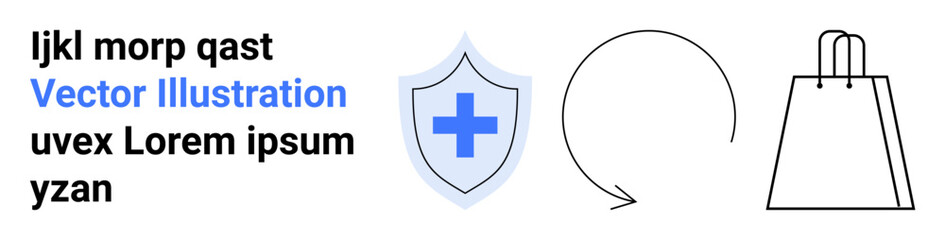 Shield with a blue medical cross, a circular return arrow, and a shopping bag with text elements in black and blue. Ideal for healthcare, e-commerce, returns, security, online shopping, protection