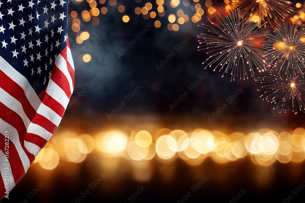 Poster american flag with fireworks and bokeh lights creates festive atmosphere. this vibrant image capture