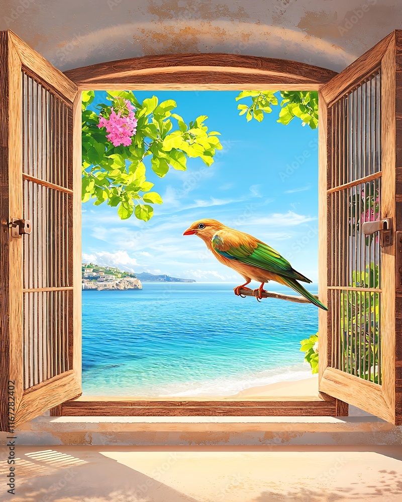 Poster serene view of nature with bird by open window