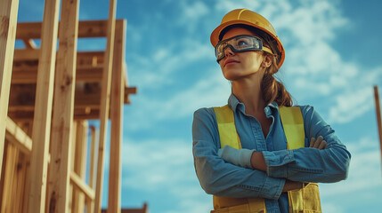 smiling female worker wearing high-vis and safety glasses at home building site with carpentry timber