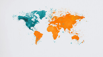 World map illustration with watercolor effects in vibrant colors. continents are depicted in shades of orange and teal, creating striking visual contrast