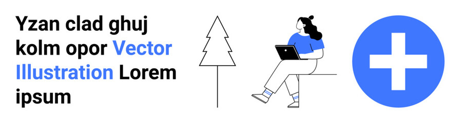 Woman in blue using laptop on a bench, nearby tree outline, large blue healthcare plus symbol. Minimalistic design. Ideal for healthcare, technology, remote work, relaxation, nature, simplicity