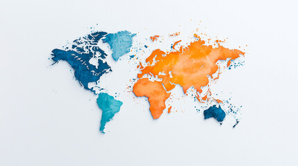 Watercolor world map illustration featuring vibrant blue and orange colors, showcasing continents with artistic splashes. Perfect for educational or decorative use