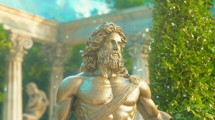 Fototapeta premium Mystical Atlantean Statue Amid Lush Vegetation and Sparkling Water - Showcasing Exquisite Craftsmanship and Artistry of Ancient Civilization
