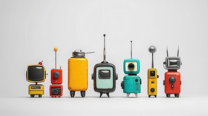 Devices Antenna Cultural design. Colorful vintage televisions lined up in a row against a white background.