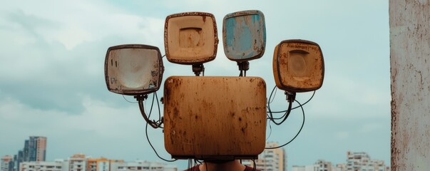 Devices Antenna Cultural design. Vintage streetlights against a cloudy urban backdrop.