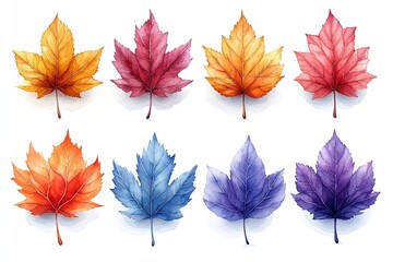 Obraz premium A collection of watercolor leaves in various autumn colors for design and decoration.