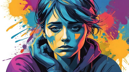 abstract portrait of a depressed person color splash
