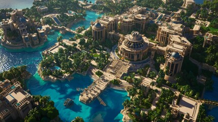 Fototapeta premium Aerial View of Atlantis: Intricate City Layout Amidst a Vibrant Ocean