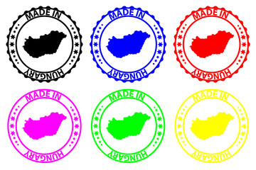 Made in Hungary - rubber stamp - vector, Hungary map pattern - black, green, yellow, purple, blue and red