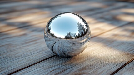 Obraz premium Reflective Silver Orb On Wooden Surface