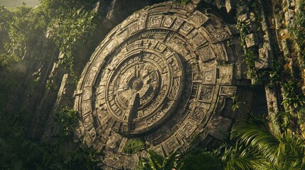 Fototapeta premium Mystical Atlantean Artifact: Intricate Symbolism and Gemstones Amid Lush Environment in Photorealistic Ultra-Detailed View