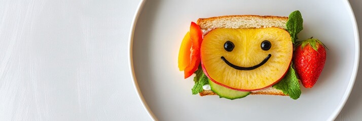 a sandwich with fruits and vegetables made a funny face, on a white plate
