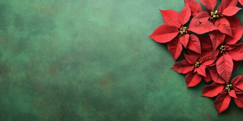 Photo of a poinsettia flower on a green background, a close-up shot from above. Web banner with copy space.