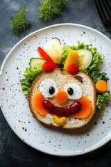 a sandwich with fruits and vegetables made a funny face, on a white plate