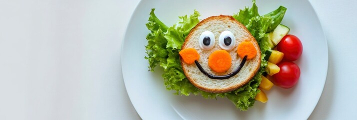 a sandwich with fruits and vegetables made a funny face, on a white plate