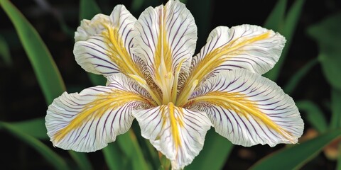 yellow flower with purple stripes against green leaves background