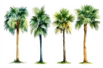 Obraz premium A watercolor illustration of four palm trees showcasing different styles and colors.