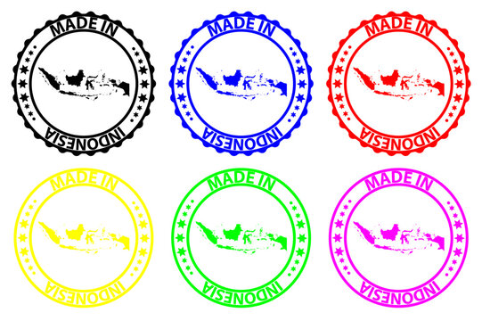 Made in Indonesia - rubber stamp - vector, Republic of Indonesia map pattern - black, blue, green, yellow, purple and red