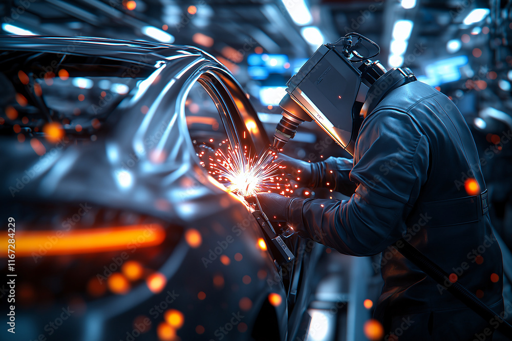 Poster worker uses robotic welding machine on car assembly line, creating sparks and showcasing advanced ma