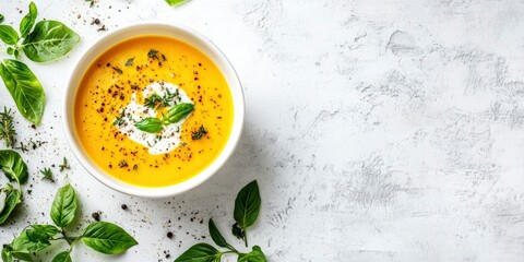 white bowl of yellow pumpkin soup with cream and green leaves and sprinkled with herbs and spices