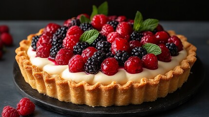 Delicious Tart Topped With Raspberries And Blackberries
